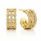 A pair of gold hoop earrings with a lattice-like openwork design, embellished with clear pavé stones, shown on a white background with a soft reflection.