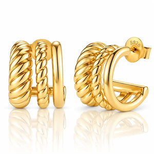 Triple Band Rope Huggie Earrings - 24K Gold Plated