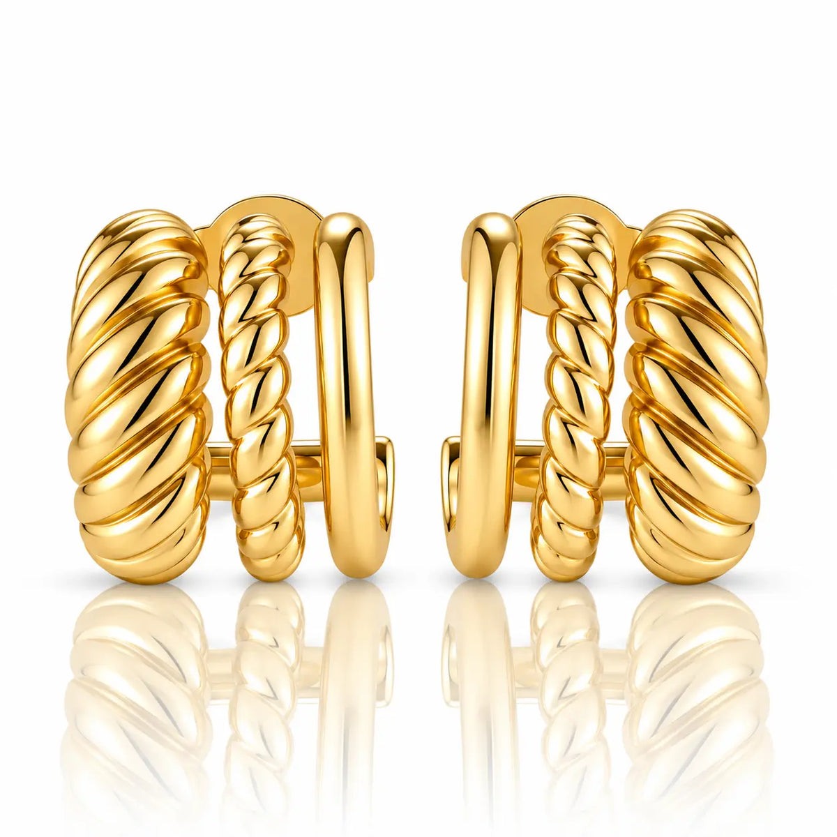 Triple Band Rope Huggie Earrings - 24K Gold Plated