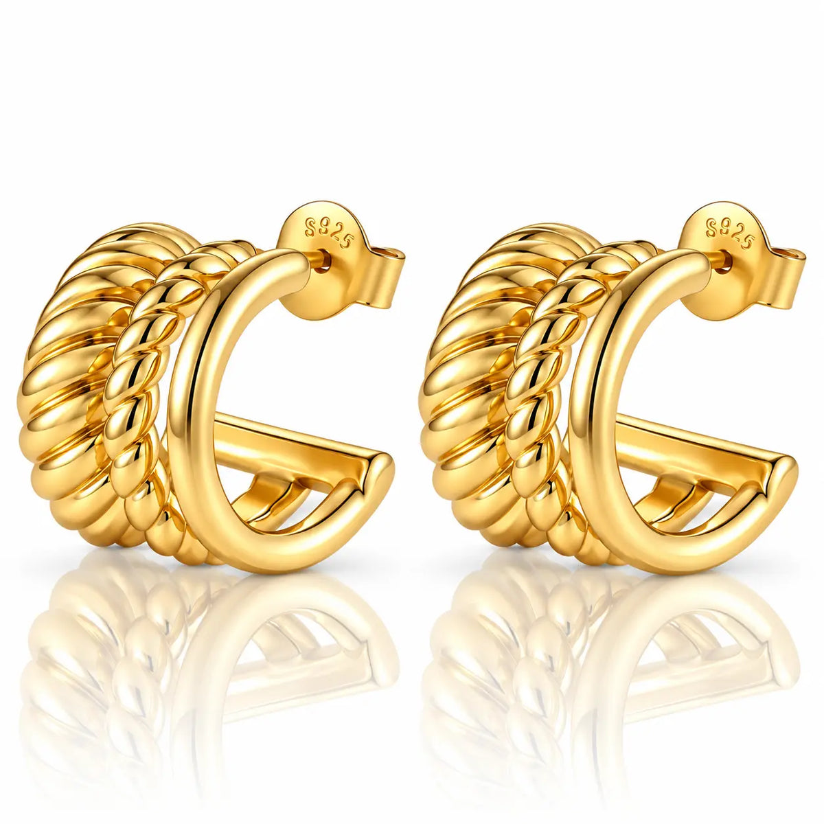 Triple Band Rope Huggie Earrings - 24K Gold Plated