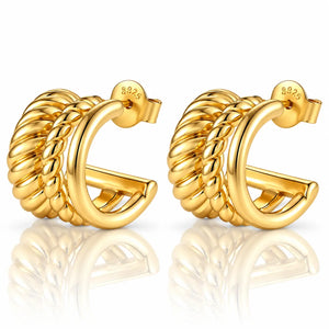 Triple Band Rope Huggie Earrings - 24K Gold Plated