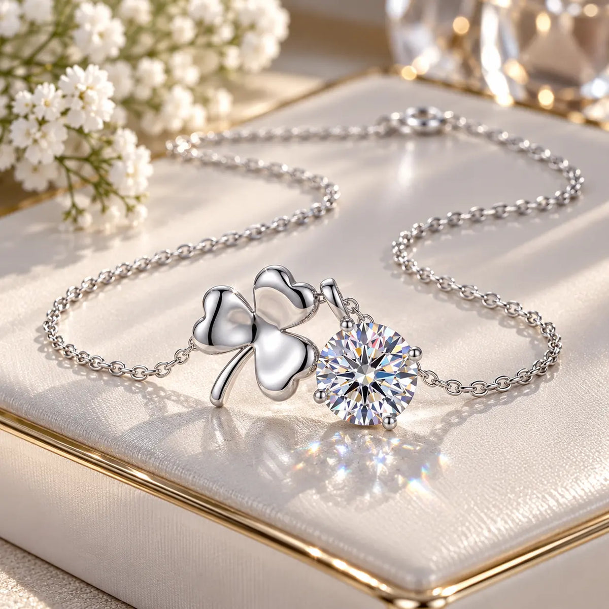 Triselle Adjustable Clover Moissanite Necklace - 925 Sterling Silver