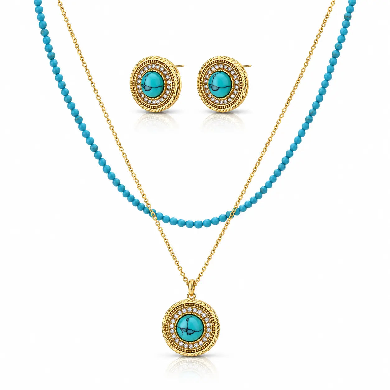 A gold and turquoise jewelry set featuring a double-strand beaded necklace with a round pendant, matching stud earrings, and a gold chain with a round pendant, all displayed on a clean white background.