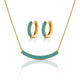 Gold jewelry set featuring a curved bar necklace and matching hoop earrings, both adorned with rows of bright turquoise-blue stones on a clean white background.