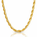 A twisted rope-style gold chain necklace displayed in a U-shape against a clean white background with a soft reflection below.