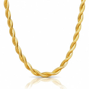 A twisted rope-style gold chain necklace displayed in a U-shape against a clean white background with a soft reflection below.