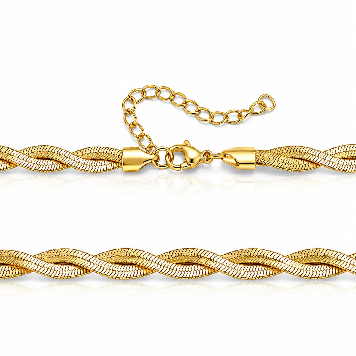 A gold-toned twisted rope chain necklace with a lobster clasp and extender chain, shown on a clean white background.