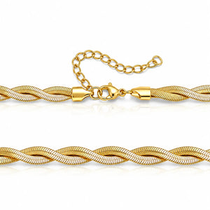 A gold-toned twisted rope chain necklace with a lobster clasp and extender chain, shown on a clean white background.