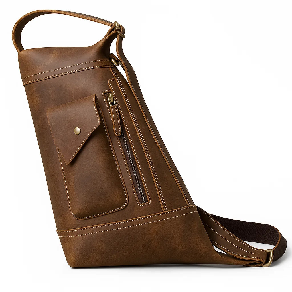 Vanguard men’s genuine leather crossbody chest bag in classic brown with adjustable strap and zipper closure, 32×16×42 cm.