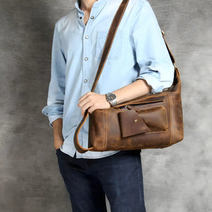 Vanguard men’s genuine leather crossbody chest bag in classic brown with adjustable strap and zipper closure, 32×16×42 cm.