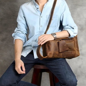Vanguard men’s genuine leather crossbody chest bag in classic brown with adjustable strap and zipper closure, 32×16×42 cm.