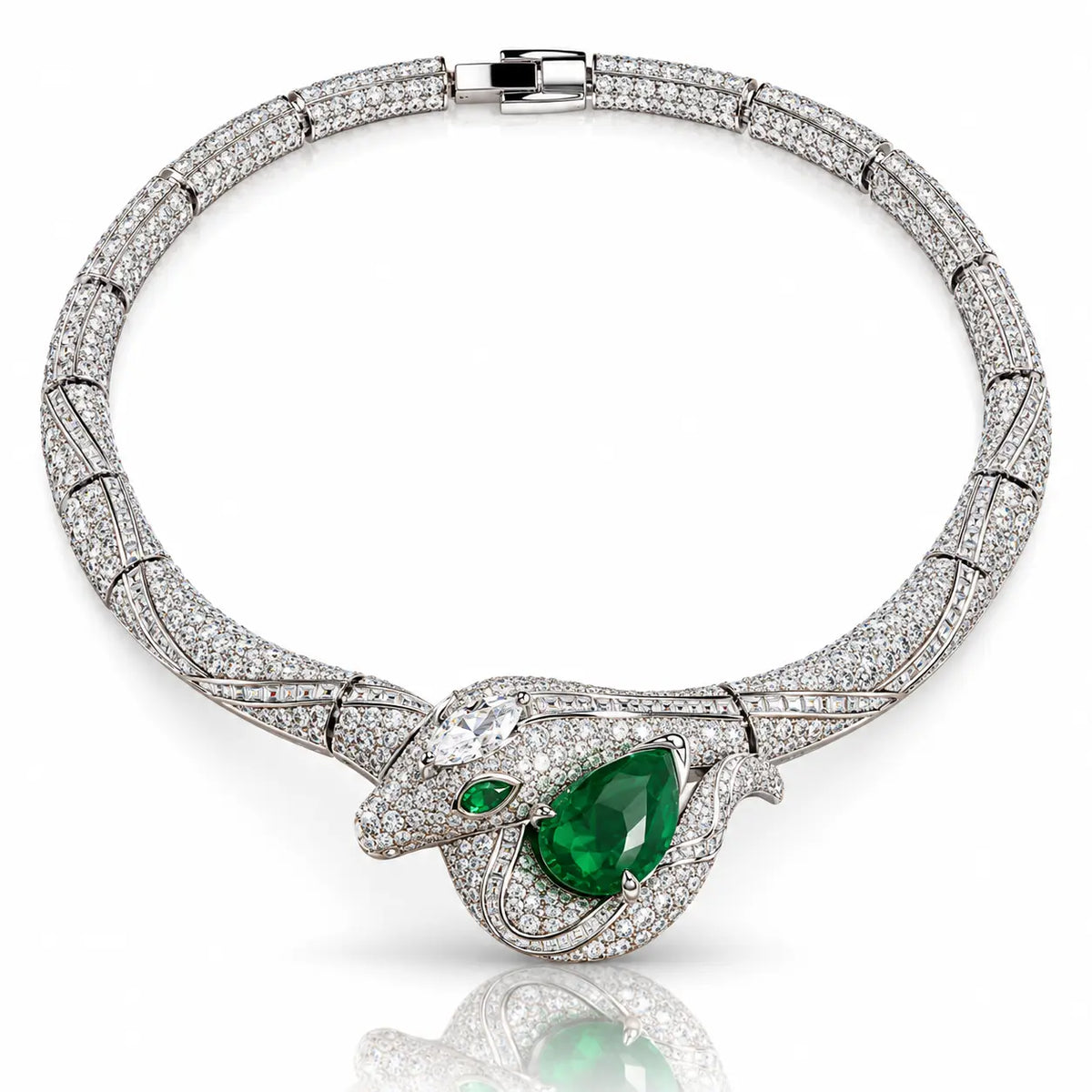 A luxury snake-head pendant necklace paved with diamonds, featuring a large emerald-cut green gemstone and smaller green accent stones on a white background.