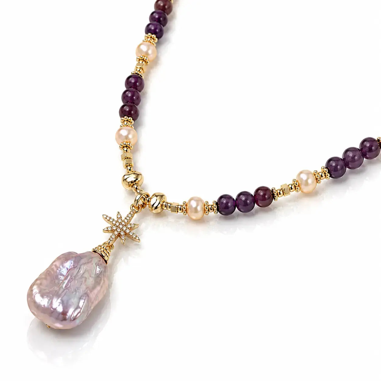 A beaded necklace featuring dark purple amethyst beads, light cream pearls, gold-toned spacer beads, and a large baroque pearl pendant with a gold star charm, shown on a white background.