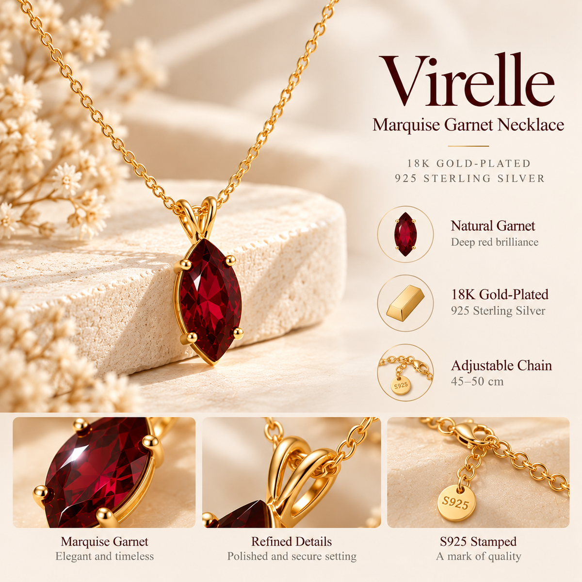 Virelle Adjustable Marquise Garnet Necklace - 18K Gold-Plated 925 Sterling Silver