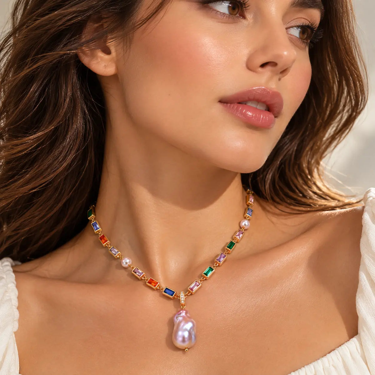 Vitra Rainbow Zirconia Baroque Pearl Necklace - 18K Gold Plated