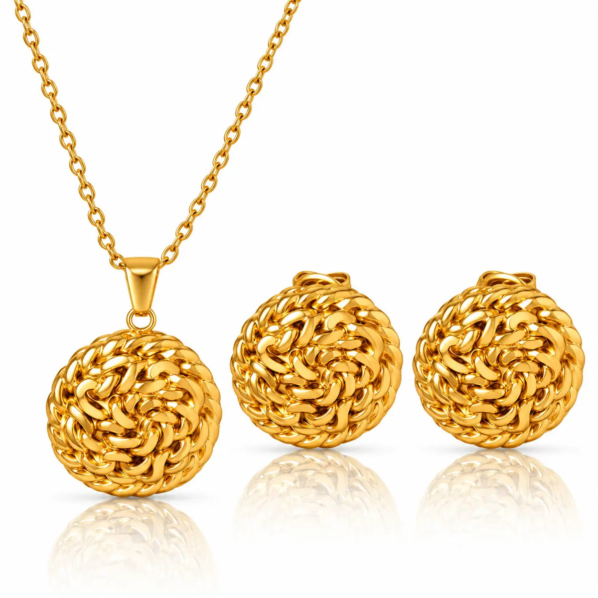 Woven Medallion Earrings & Necklace - 18K Gold PVD Plated