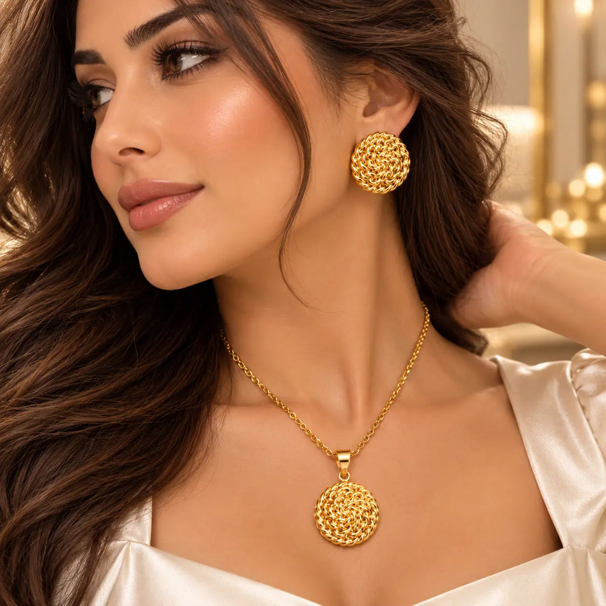 Woven Medallion Earrings & Necklace - 18K Gold PVD Plated