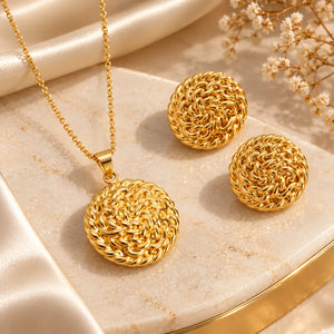 Woven Medallion Earrings & Necklace - 18K Gold PVD Plated