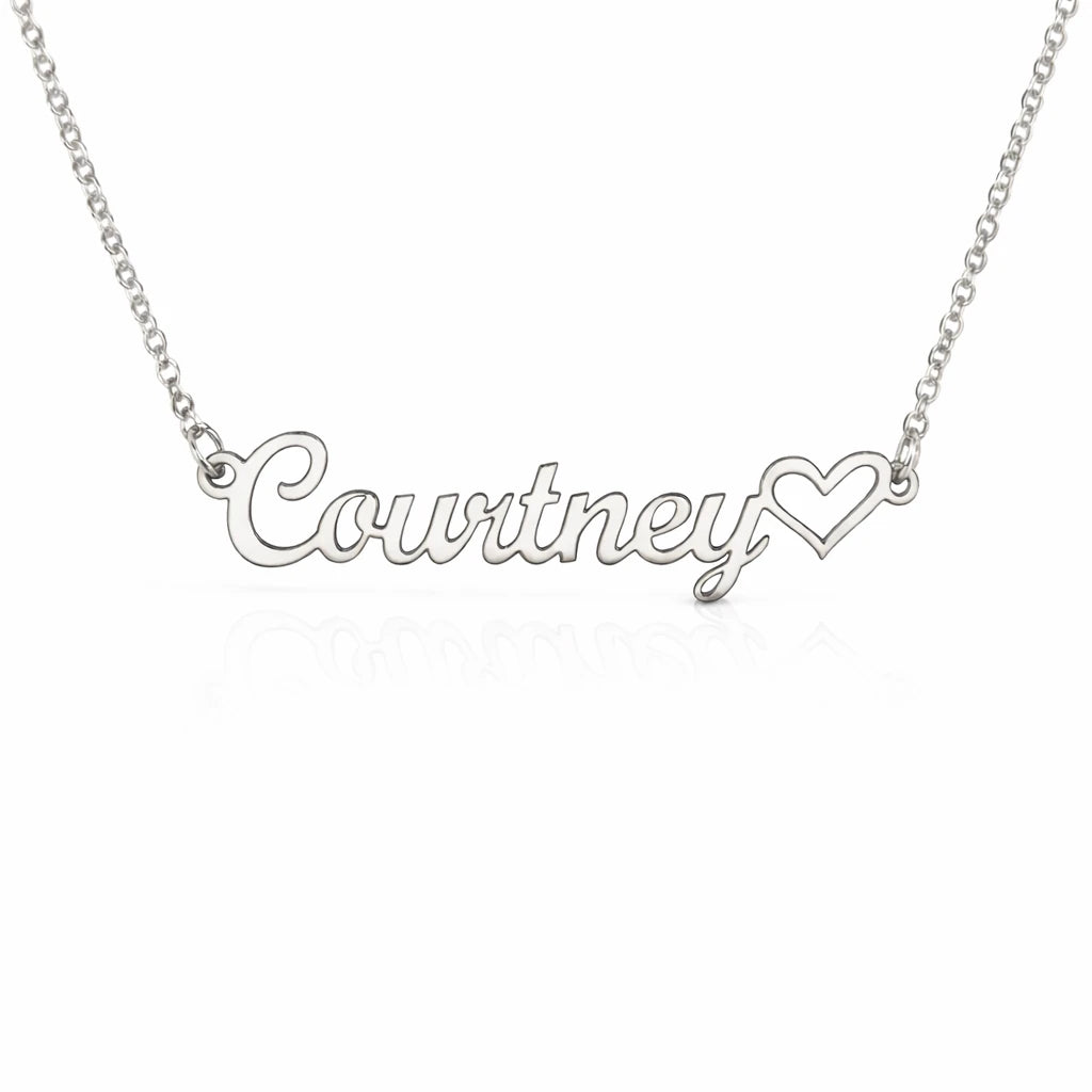 Silver necklace with 'Courtney' and a heart on a white background