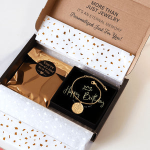 Gift box from Jewellar with gold constellation bracelet and gold package, elegant happy birthday jewelry set