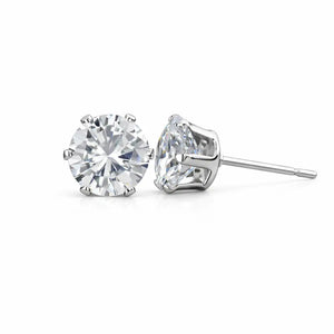 Pair of elegant round-cut diamond stud earrings set in white metal, displayed on white background