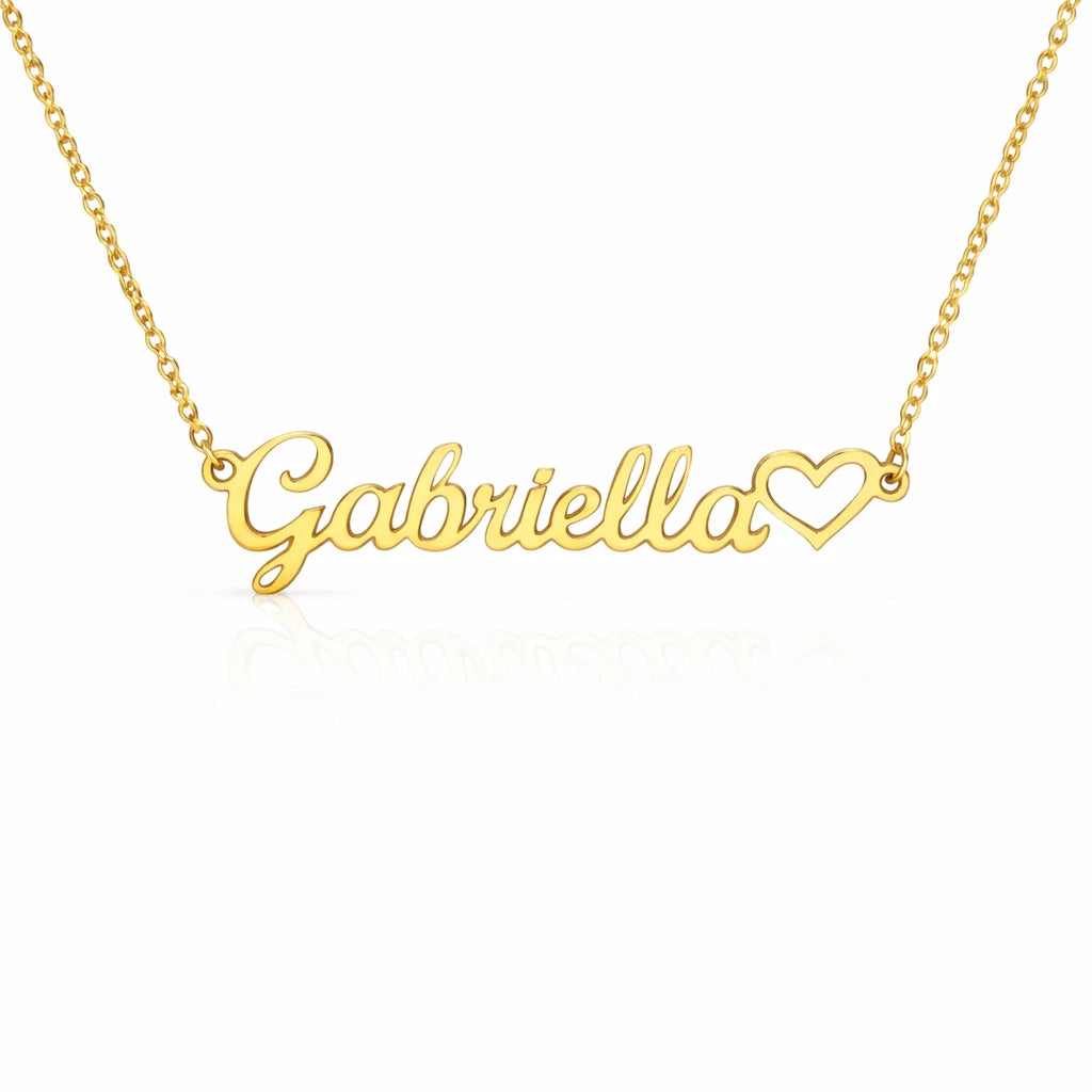 Gold necklace with 'Gabriella' and a heart on a white background