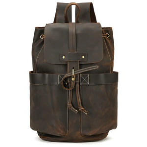 Trailforge unisex Crazy Horse leather travel bag in Brown/Dark Brown, compact 330×220×80 mm with organized interior and vintage finish.