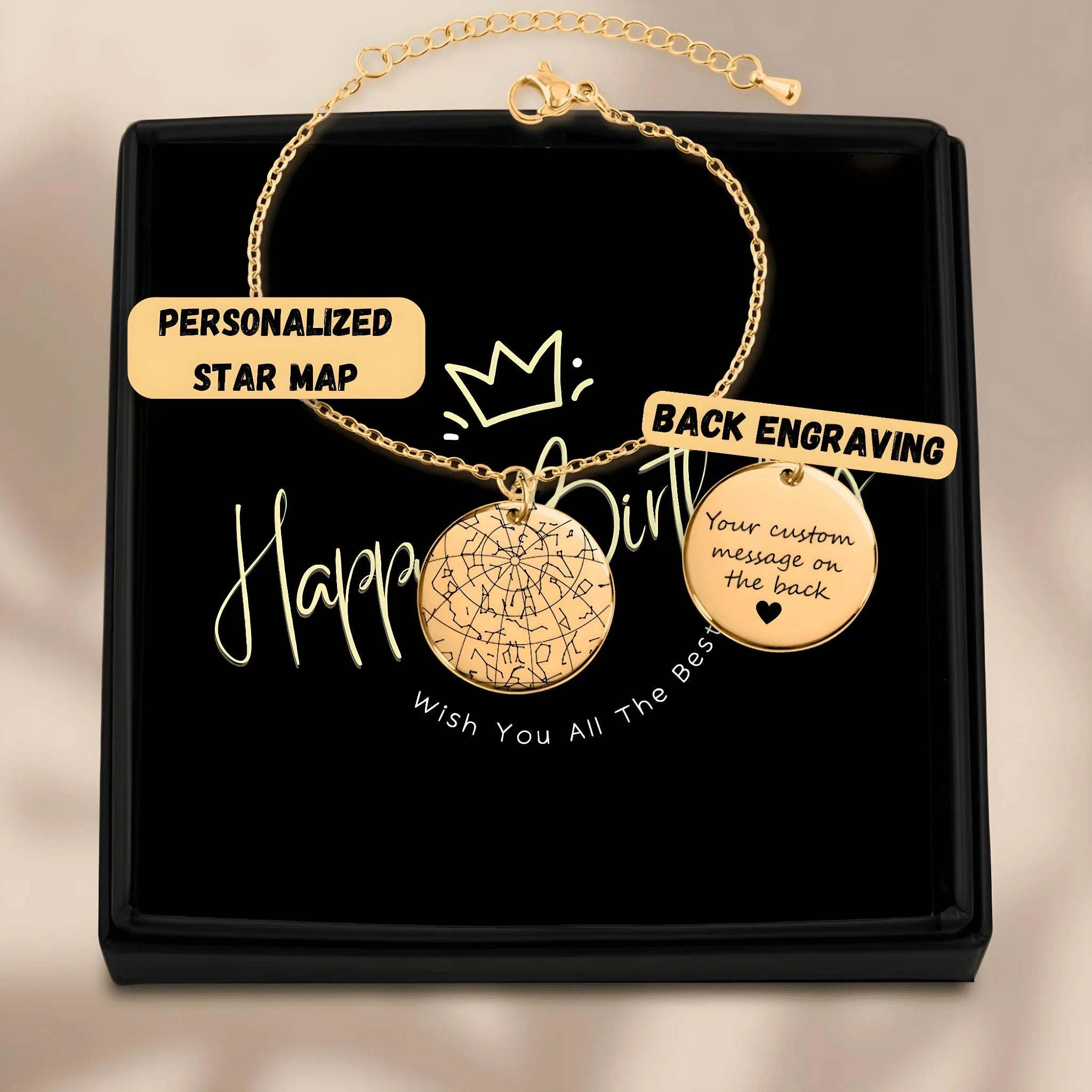 Gold star map bracelet with personalized constellation design and custom back engraving in black gift box