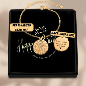 Gold star map bracelet with personalized constellation design and custom back engraving in black gift box