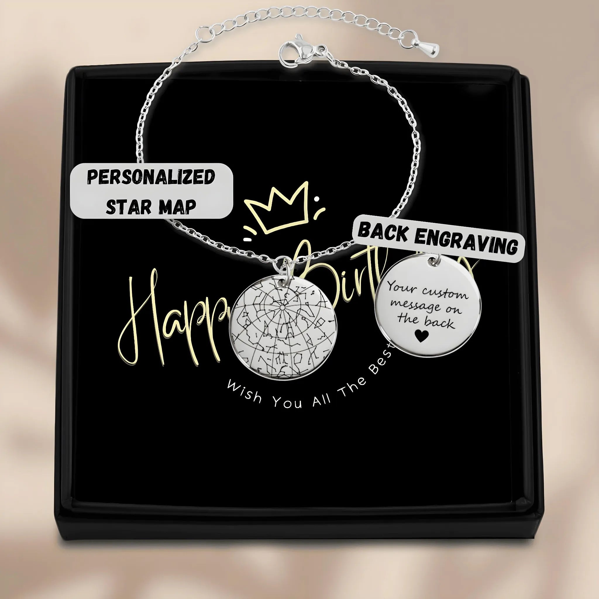 Personalized star map bracelet with custom back engraving in black gift box from Jewellar