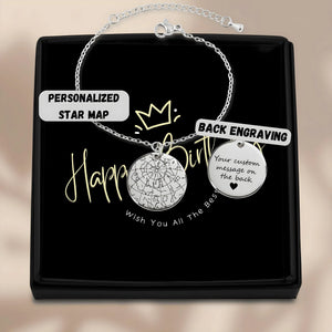 Personalized star map bracelet with custom back engraving in black gift box from Jewellar