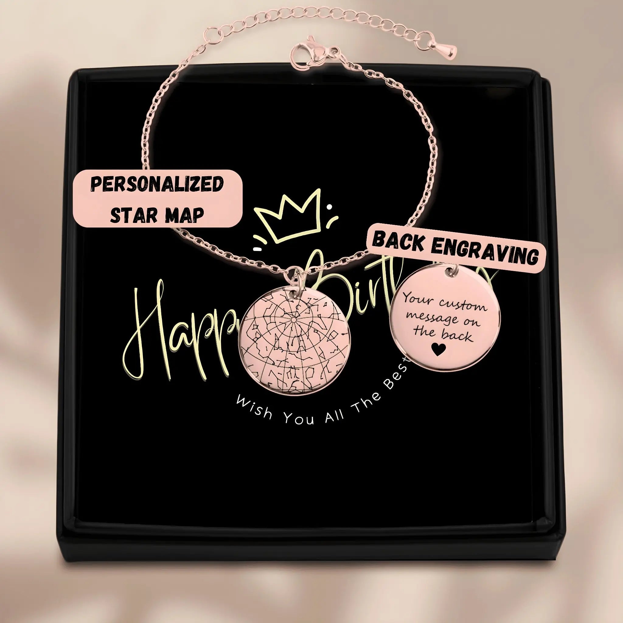 Rose gold personalized star map bracelet with back engraving in black gift box from Jewellar